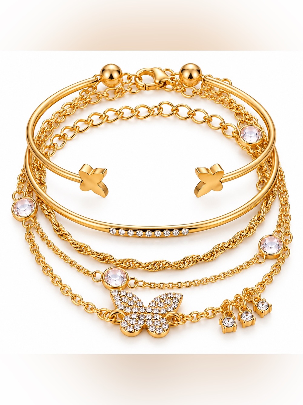 Gold Multi-Layer Crystal Butterfly Bracelet Set